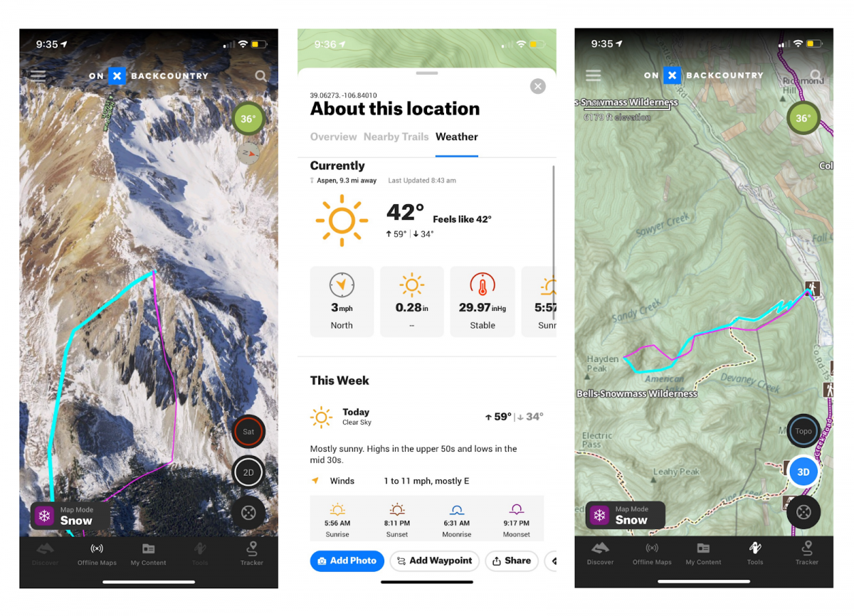 Here are similar trip planning screenshots from the Onx Backcountry app for our descent near Hayden Peak (from right to left): (1) Our ascent in blue included ~500’ of trail hiking; our descent in pink was able to get us within five minutes of the car with skis on! (2) The point forecasting is one of OnX Backcountry’s best features. (3) This 3D Sat image has a bit of snow on it to help better visualize winter terrain.