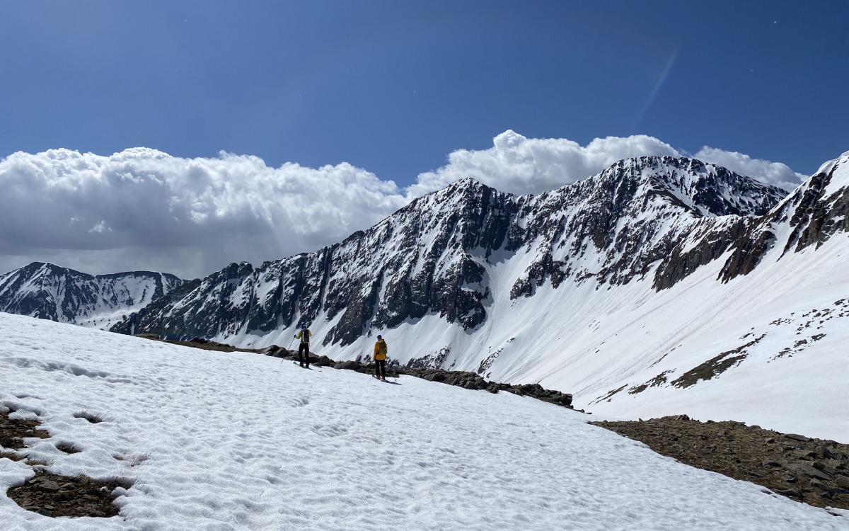A closer view of Rolling Mountain’s north face with Sheamus and Fritz in the foreground. So many inspiring lines! A higher-tide snow year would be needed to fill in the majority of these couloirs.
