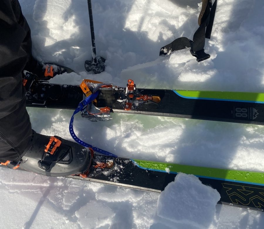 When you forget that your skis dont have the right crampon attachment - improvise a.k.a voile strap use number 127.