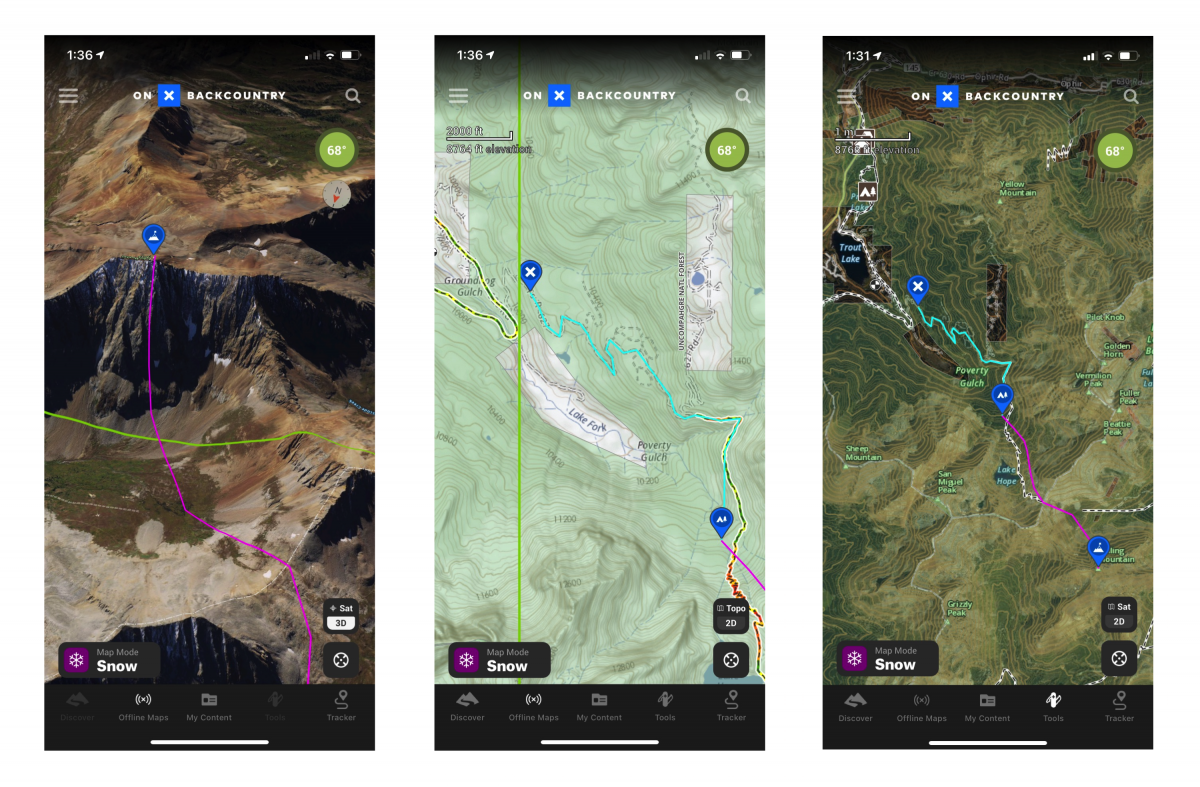Trip planning as seen on the Onx Backcountry App (from left to right): (1) A 3D Sat view of Rolling Mountain shows the complexity of the north face. A winter overlay and way to manipulate 3D view would be helpful additions to the OnX app (2) The 2D Topo view shows private land in white and National Forest in green. Our approach is the blue line. This overlay is great to avoid unknowingly trespassing while on a tour (3) Our approach to camp is in blue and ascent of Rolling Mountain is in pink.