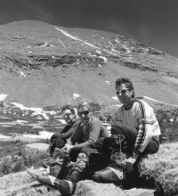Bob Pfeiffer (L), Mike and Howie Fitz, at South Colony Lake 1988, Humboldt Peak in background, "the giant anthill."