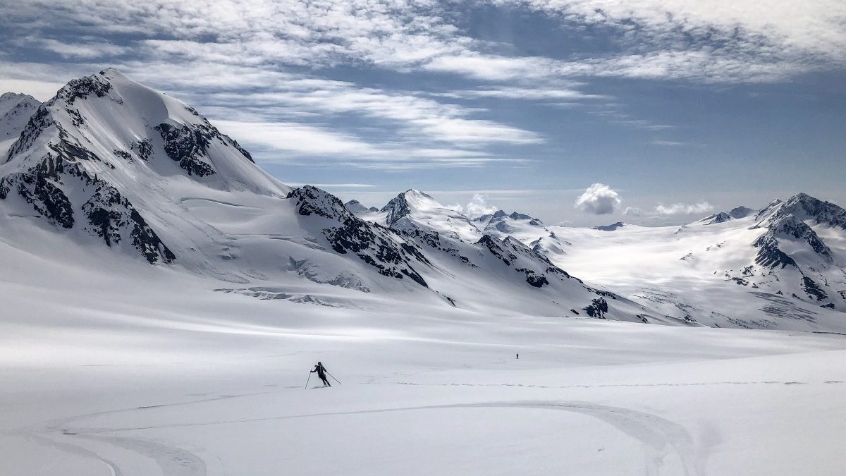 Skiing down to the Eagle Glacier in May, 2020