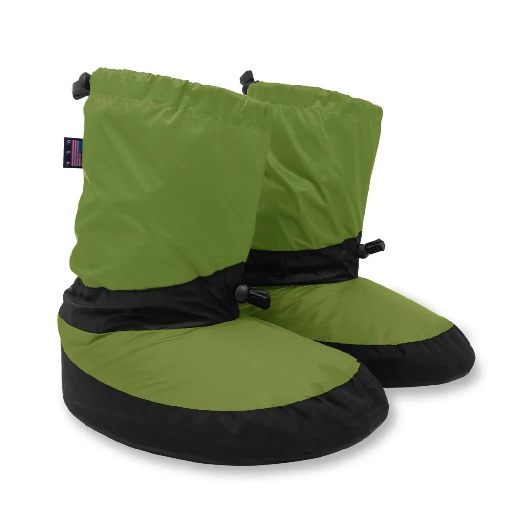 product shot of down booties in green