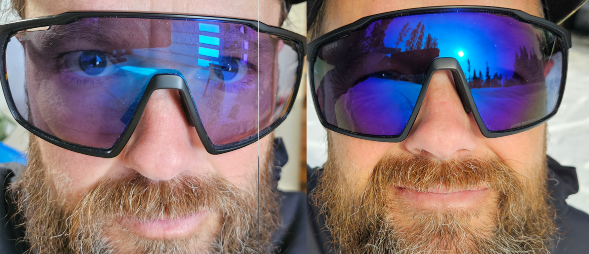 side by side comparison of photochromic sunglasses on a man's face